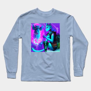 Blue Techno Future Cat Floats While He Talks to a Cyberpunk Girl Long Sleeve T-Shirt